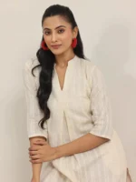 Off White Woven Design Cotton Straight Kurta - Image 5