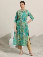 Blue Printed Silk Blend Straight Kurta - Image 2