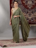 Gold and Green Sequin Embellished Crop Top and Pre-Stitched Saree (Set of 2)